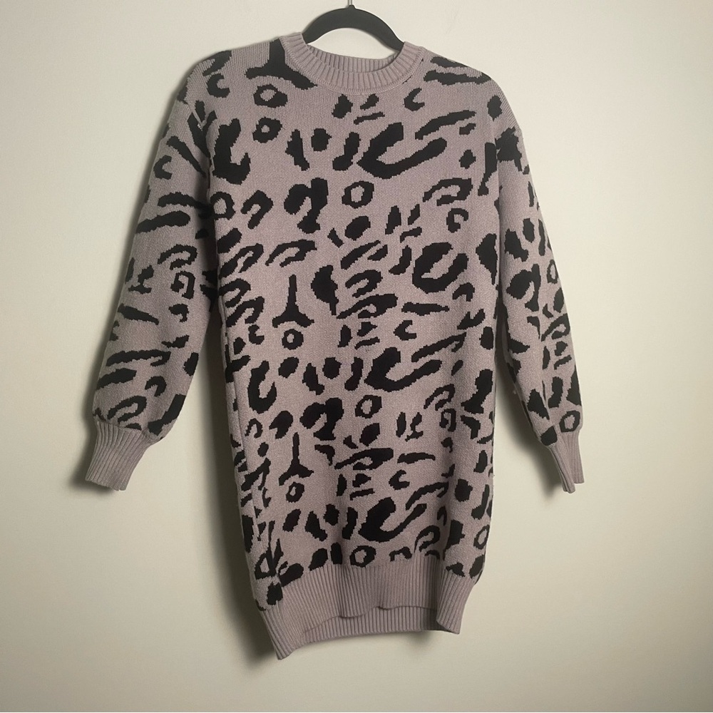 Yibock grey leopard print knit sweater dress